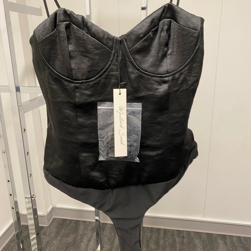 Mustard Seed Black Satin Bodysuit